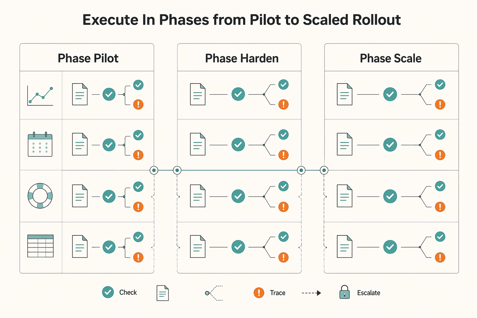 Diagram showing Execute in phases from pilot to scaled rollout for PropTech Marketplace Payments: How to Handle Rent Deposits and Service Provider Payouts.