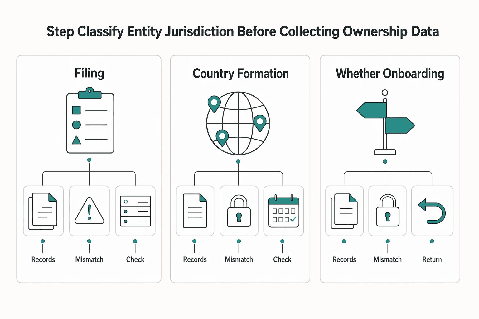 Diagram showing Step 1 classify the entity and jurisdiction before collecting ownership data for Beneficial Ownership Collection in Marketplace Onboarding Without Conversion Loss.