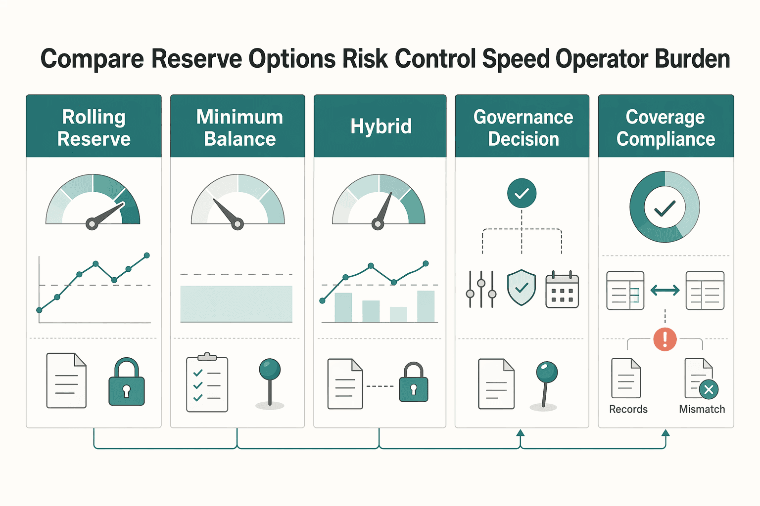 Diagram showing Compare reserve options by risk control speed and operator burden for Reserve Policy Design for Platforms with Rolling Holds and Release Controls.