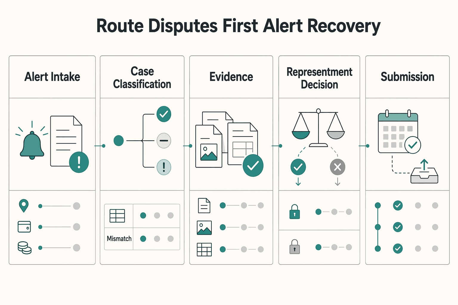 Diagram showing How to route disputes from first alert to recovery for Chargebacks in Agentic Commerce: Evidence Liability and Recovery Workflows for Platforms.