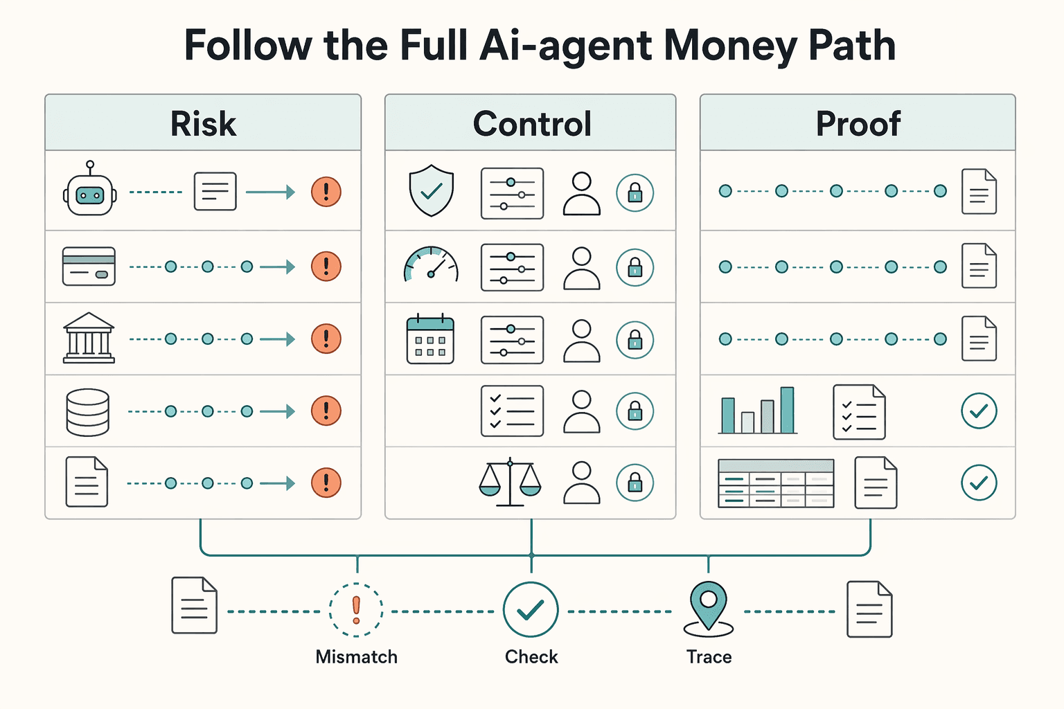 Diagram showing Follow the full AI-agent money path for Spending Controls for AI Agents in Platform Payment Operations.