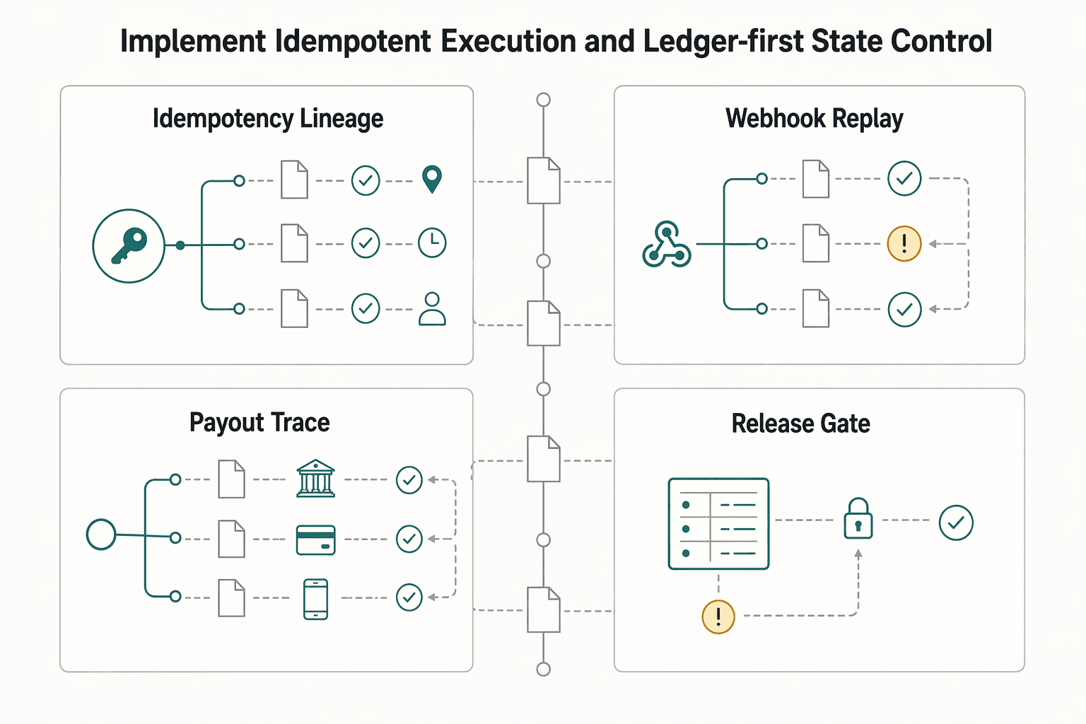 Diagram showing Implement idempotent execution and ledger-first state control for Payout Retry Strategy for Failed Disbursements Across Multiple Rails.