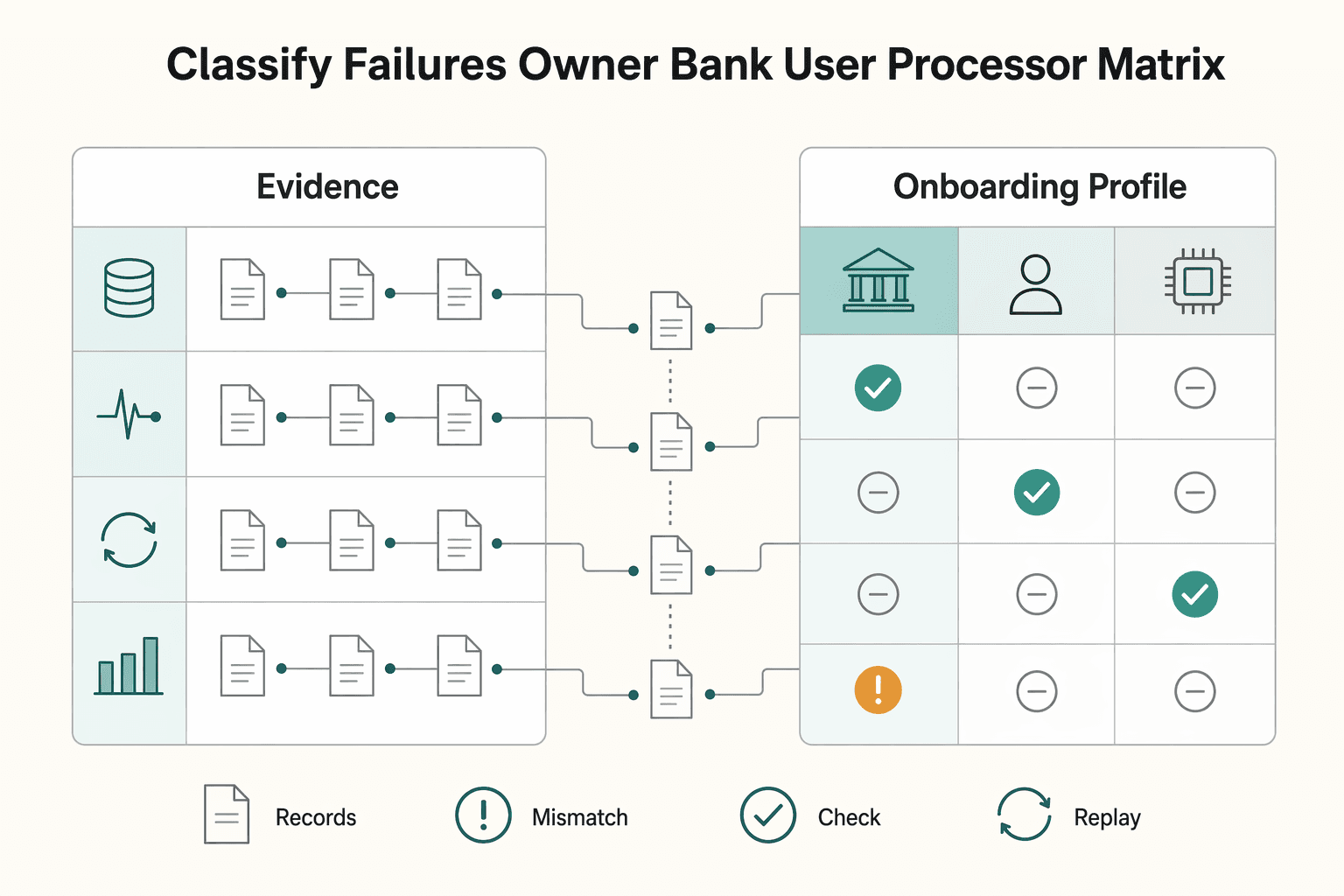 Diagram showing Classify Failures by Owner With a Bank User Processor Matrix for Payout Failure Root Cause Analysis for Bank, User, and Processor Errors at Scale.