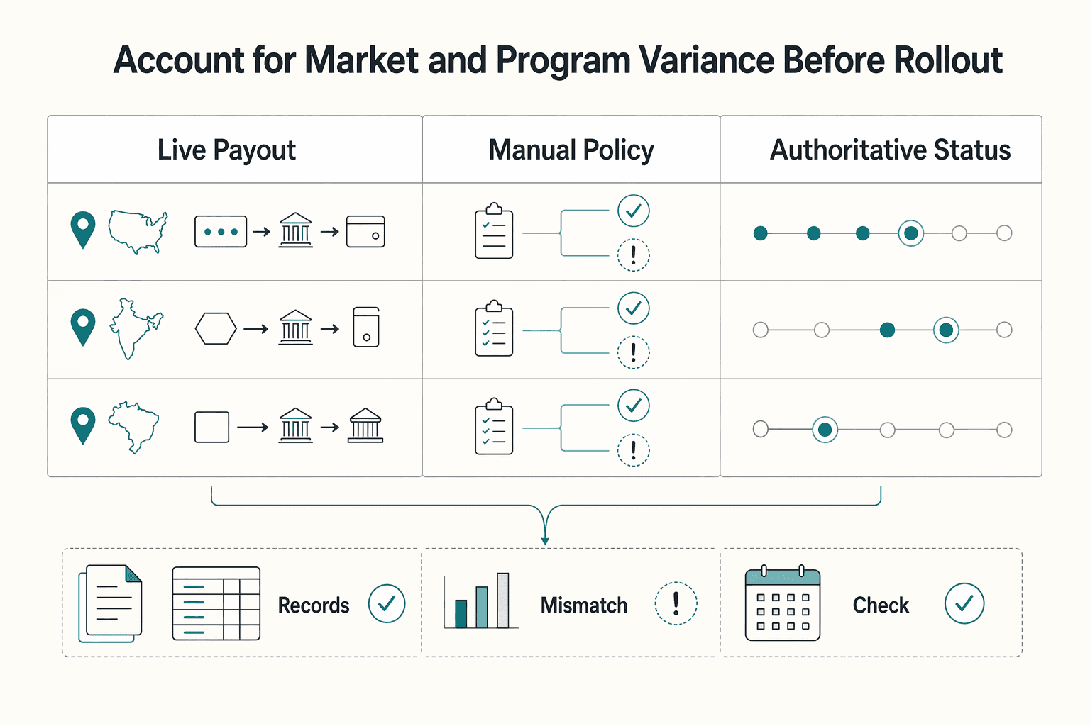 Diagram showing Account for market and program variance before rollout for Payout Support Ticket Cost Calculator for Delayed Disbursements.