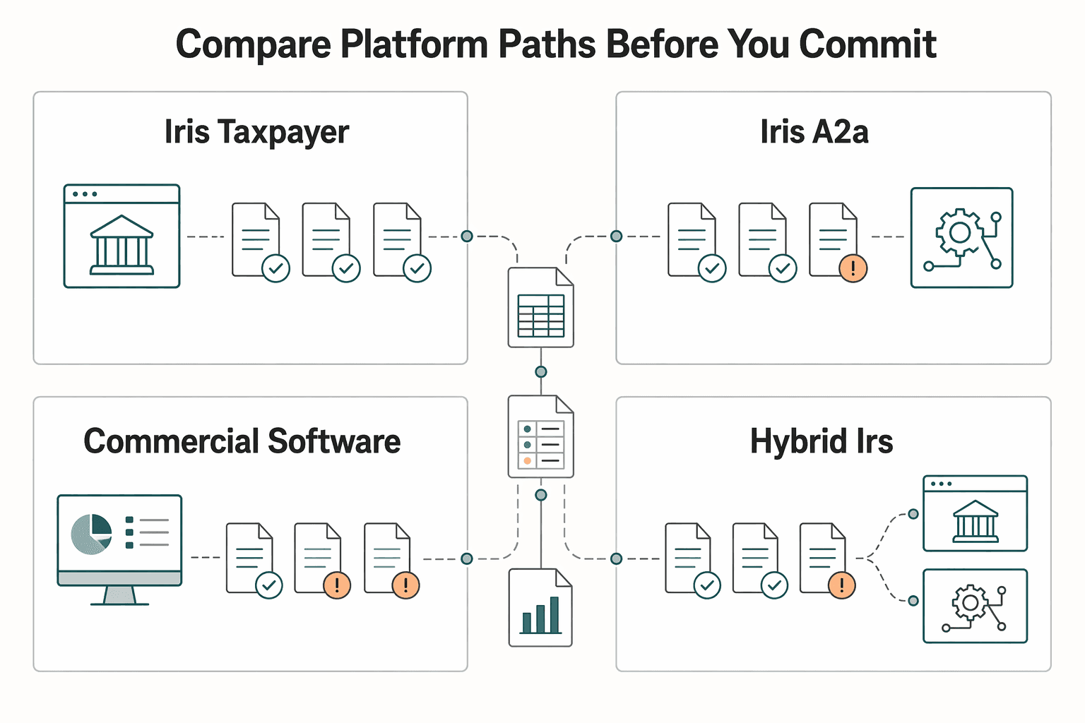 Diagram showing Compare platform paths before you commit for The IRS 10-Return E-File Rule: What Platform Operators Must Change Before Filing Season.