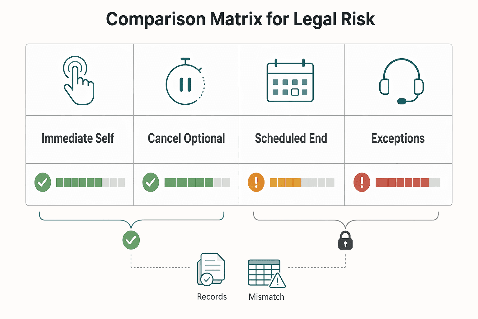 Diagram showing Comparison matrix for legal risk, retention quality, and operating load for Click-to-Cancel Subscription UX After the FTC Rule for Platforms.