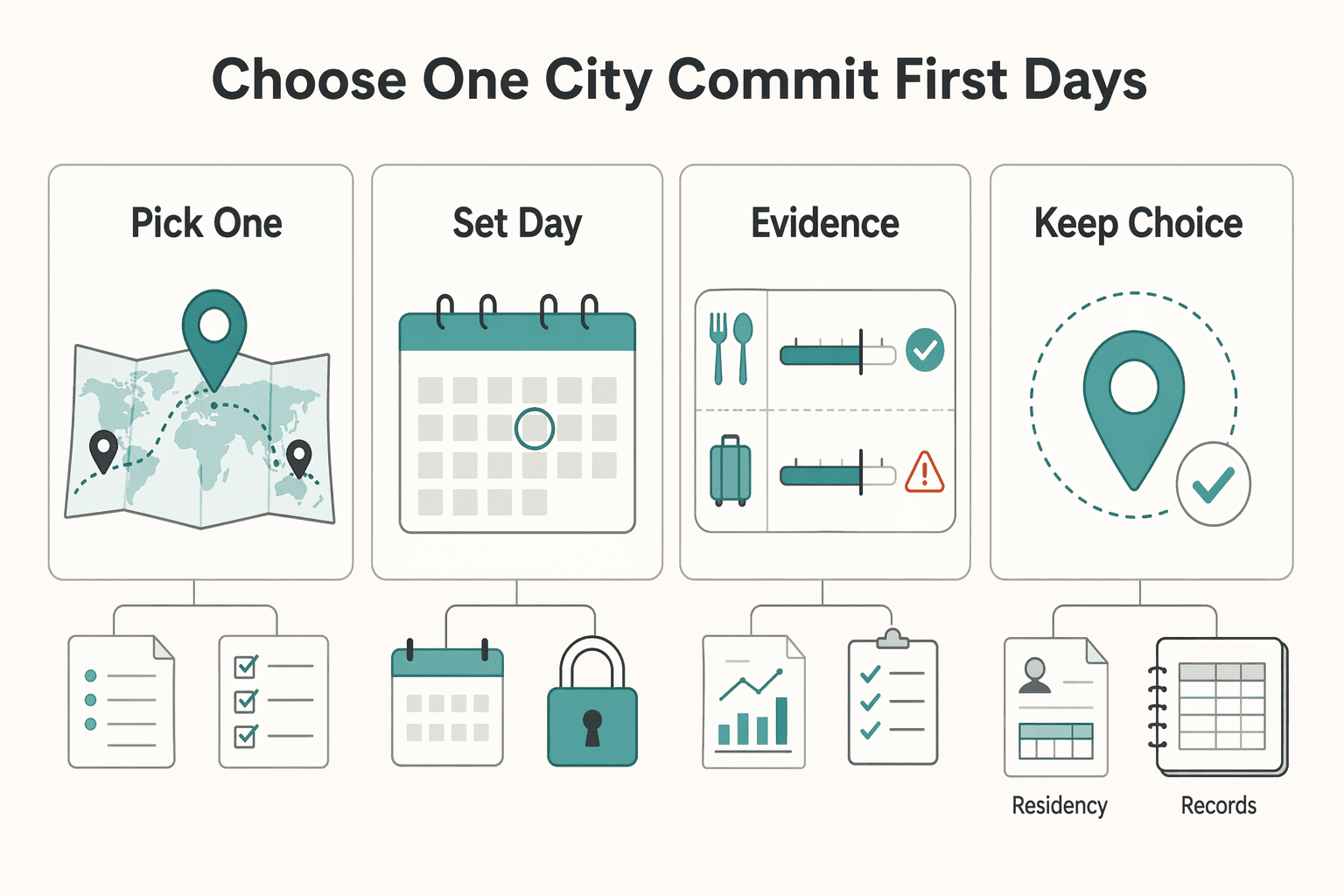 Diagram showing Choose One City and Commit to the First 30 Days for The Best Digital Nomad Cities for Food Lovers.