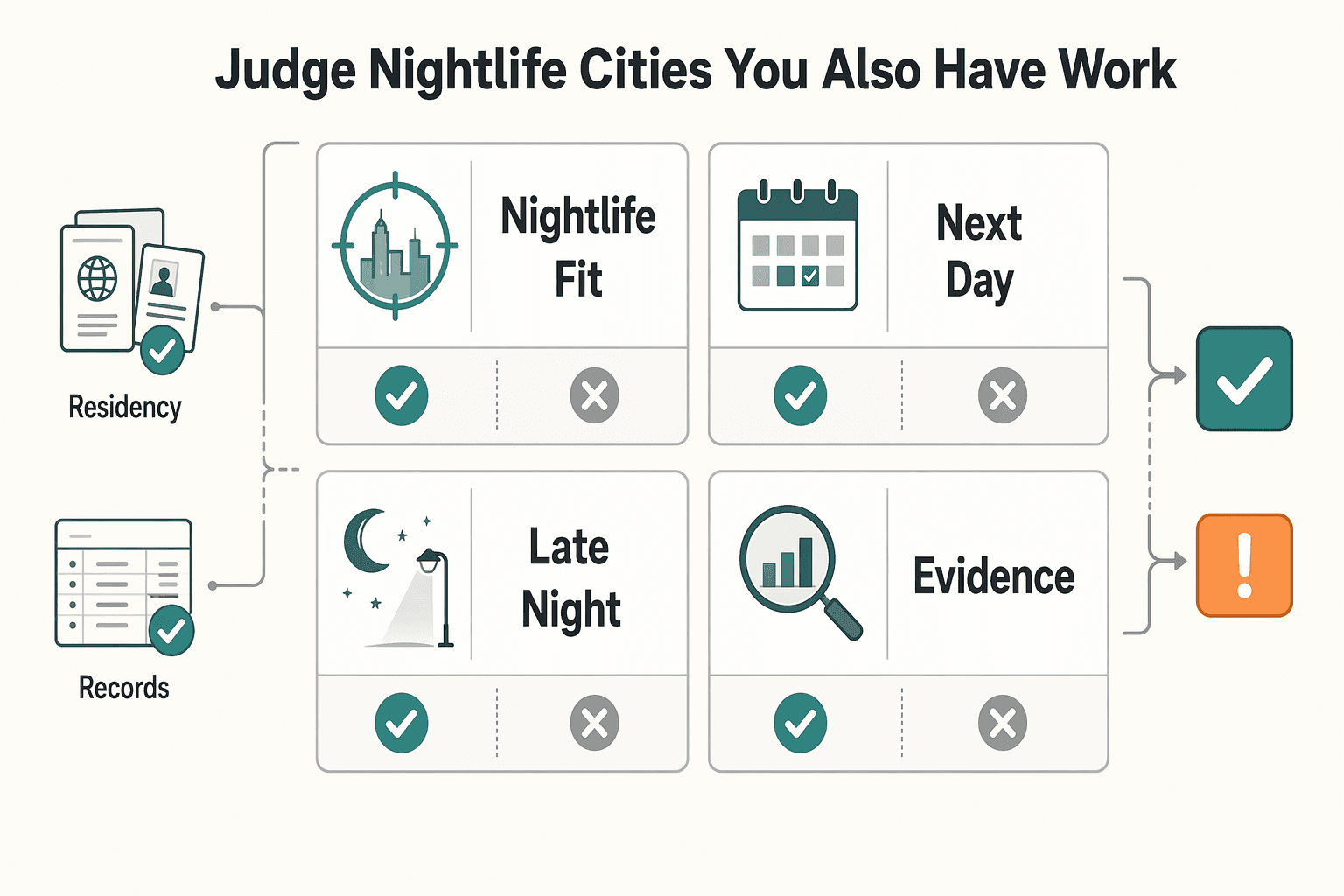 Diagram showing How to Judge Nightlife Cities When You Also Have to Work for The Best Digital Nomad Cities for Nightlife Without Derailing Your Move.