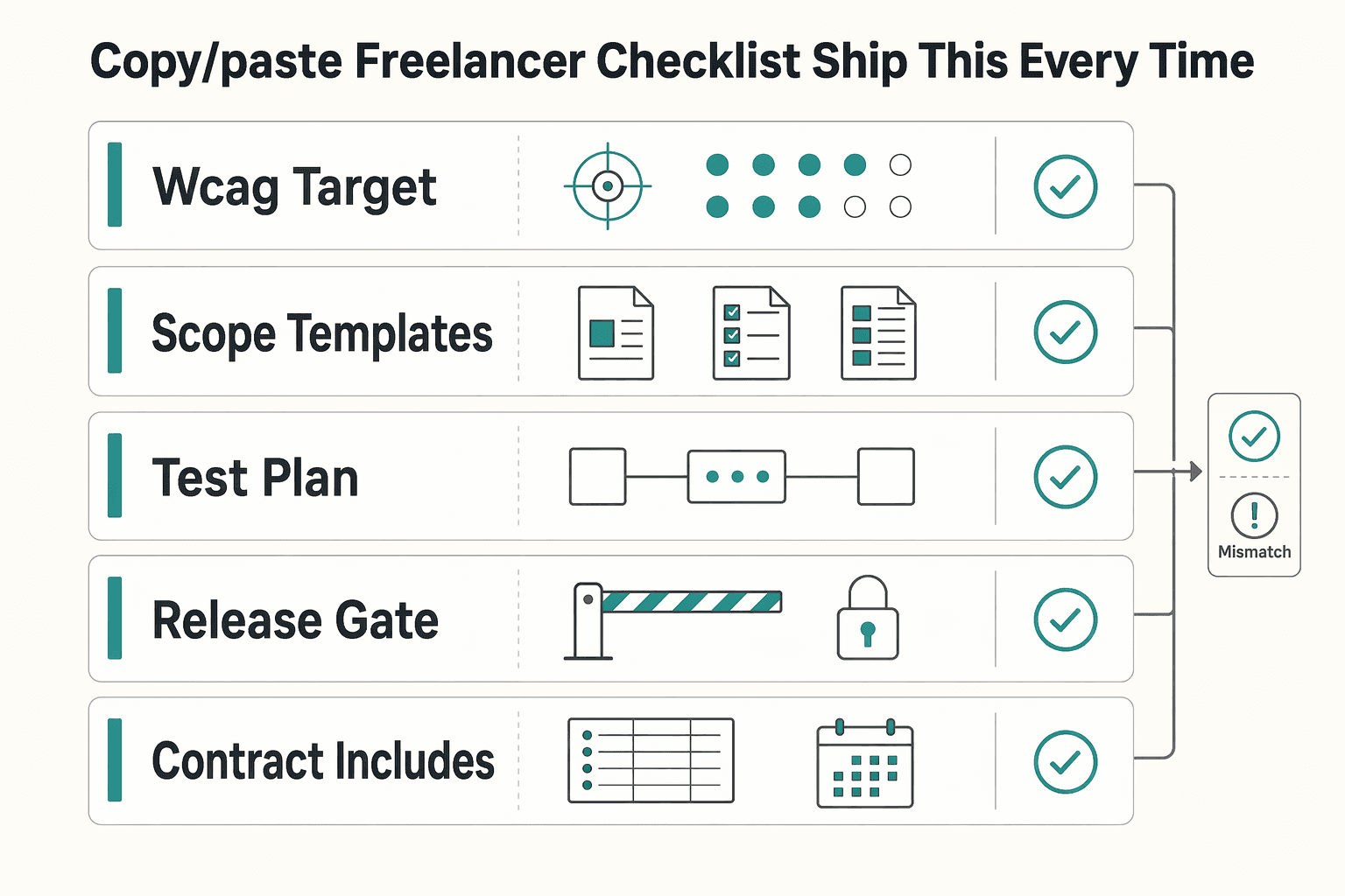 Diagram showing Copy/paste freelancer checklist (ship this every time) for A Guide to Website Accessibility (WCAG) for Freelance Developers.