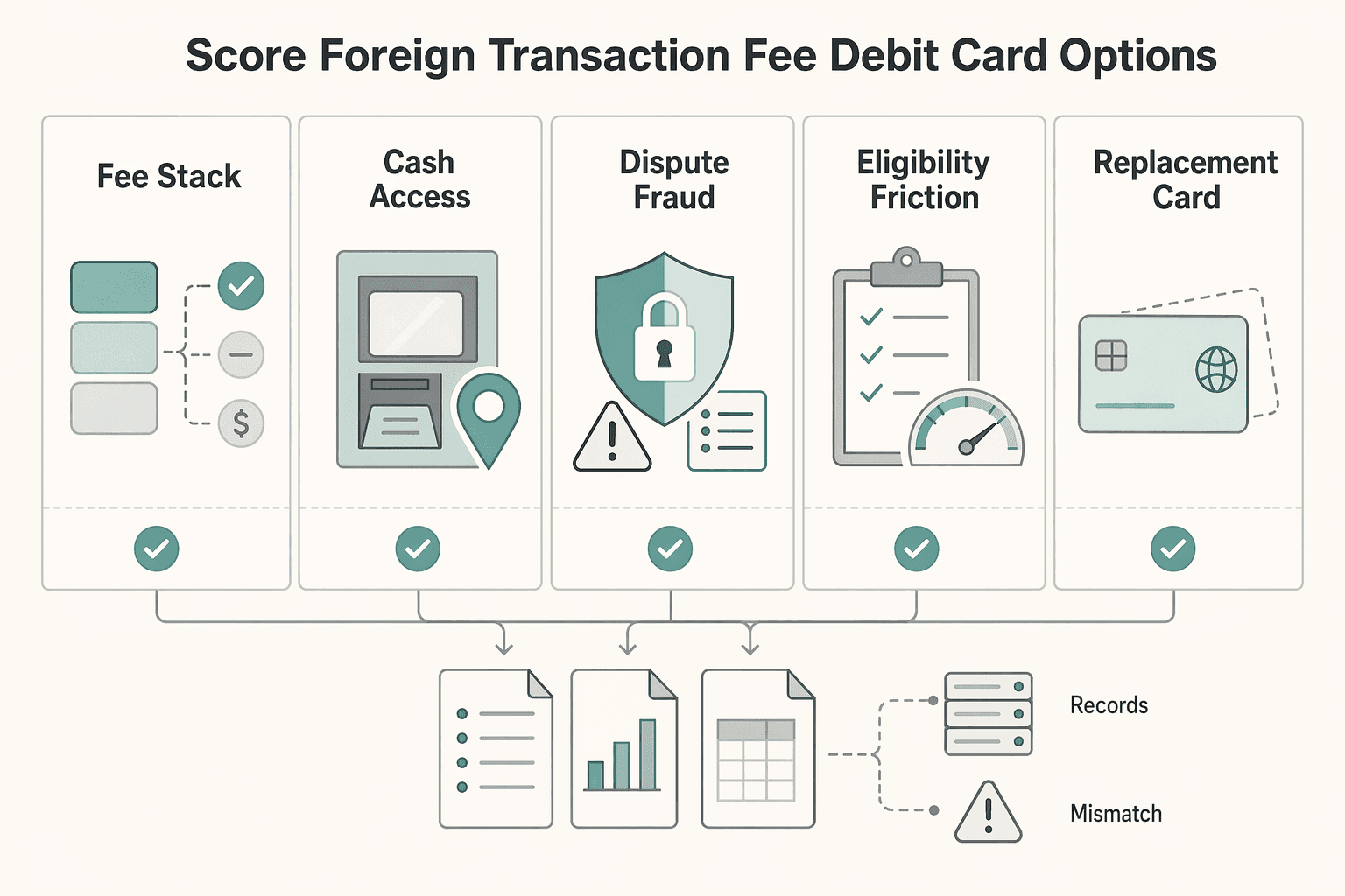 Diagram showing How We Score No Foreign Transaction Fee Debit Card Options for How to Compare Debit Cards with No Foreign Transaction Fees.