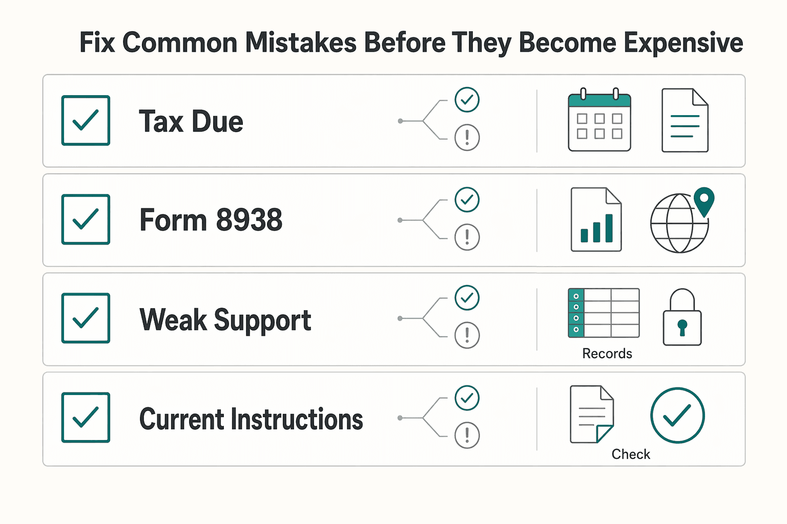 Diagram showing Fix Common Mistakes Before They Become Expensive for How to Handle Tax Form 8938 Without Missing FBAR.