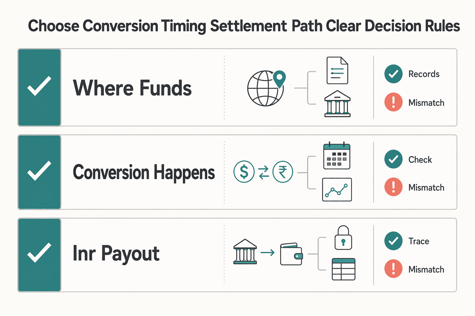 Diagram showing Choose conversion timing and settlement path with clear decision rules for Indian Freelancer Payment Analysis That Protects Net INR.