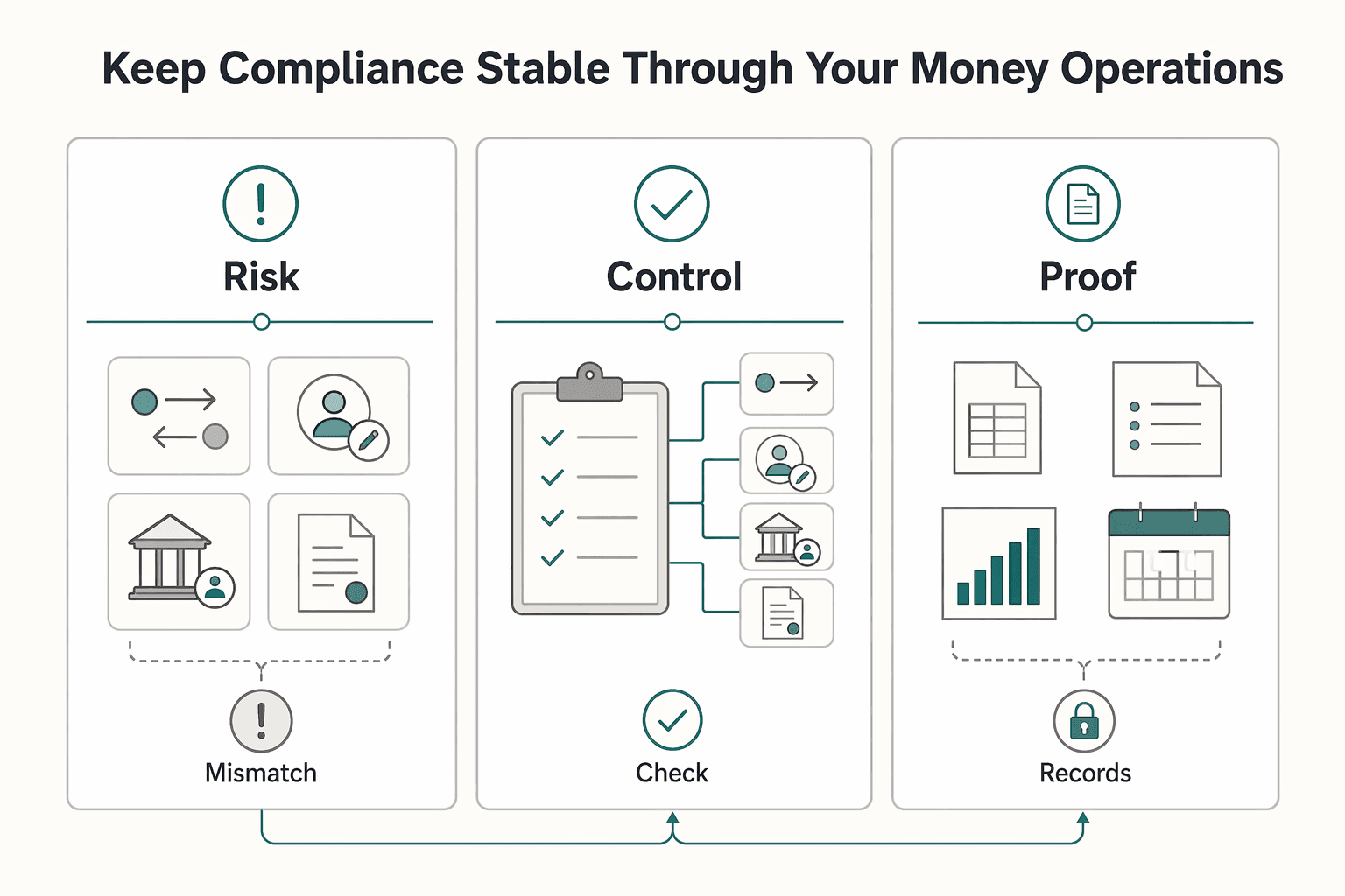 Diagram showing Keep compliance stable through your money operations for The Tax Resident of Nowhere Myth and the Real Risk in 2026.
