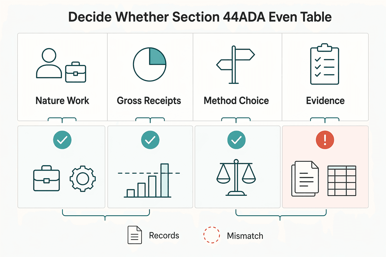 Diagram showing Decide whether Section 44ADA is even on the table for Section 44ADA for Freelancers in India Who Need a Defensible Filing Path.