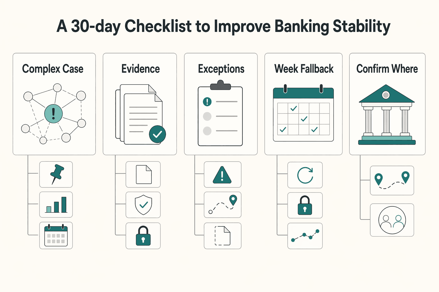 Diagram showing A 30-Day Checklist to Improve Banking Stability for Why Banking a Cayman or BVI Company Gets Complicated.