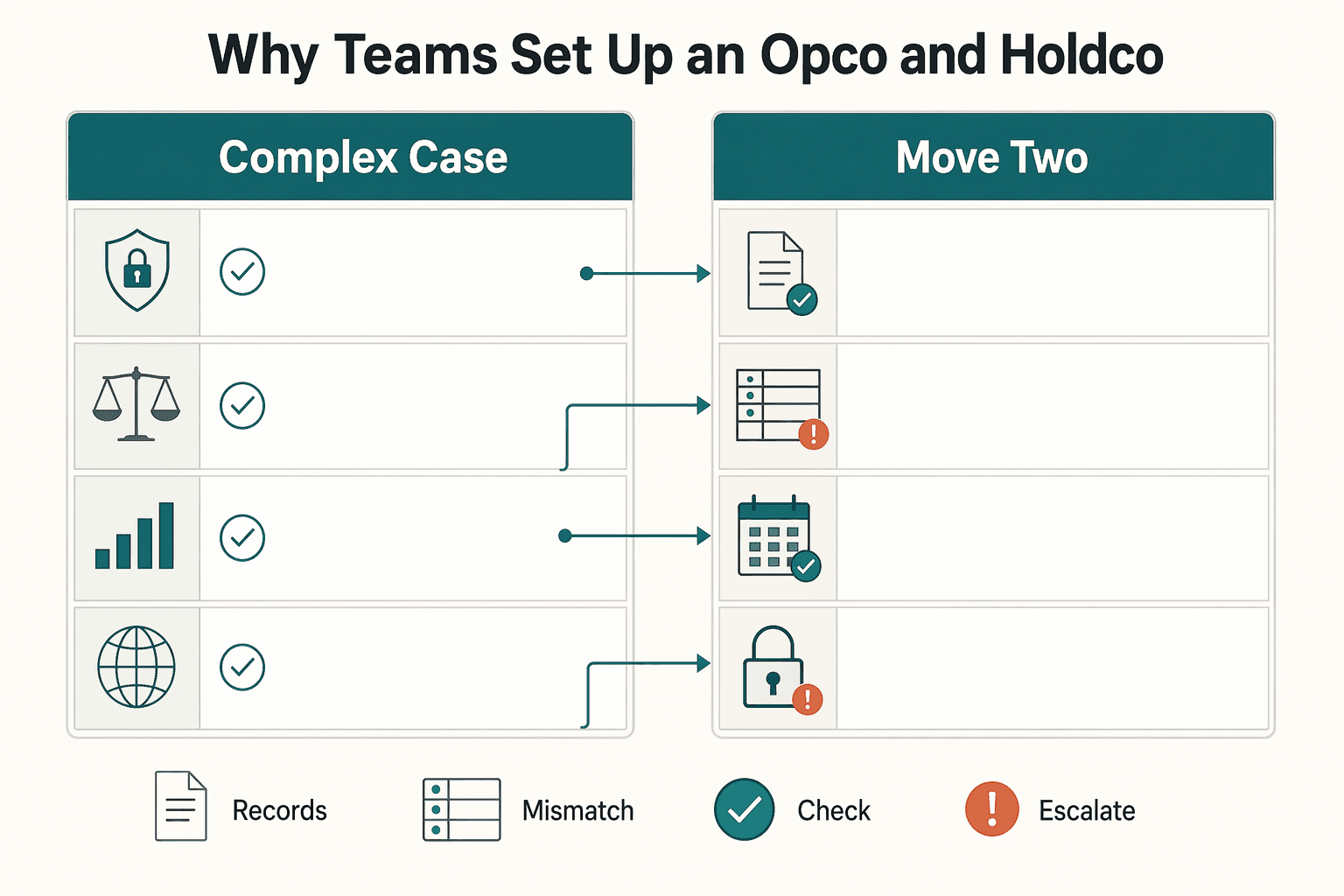 Diagram showing Why Teams Set Up an OpCo and HoldCo for When an OpCo-HoldCo Structure Makes Sense for Asset Protection.