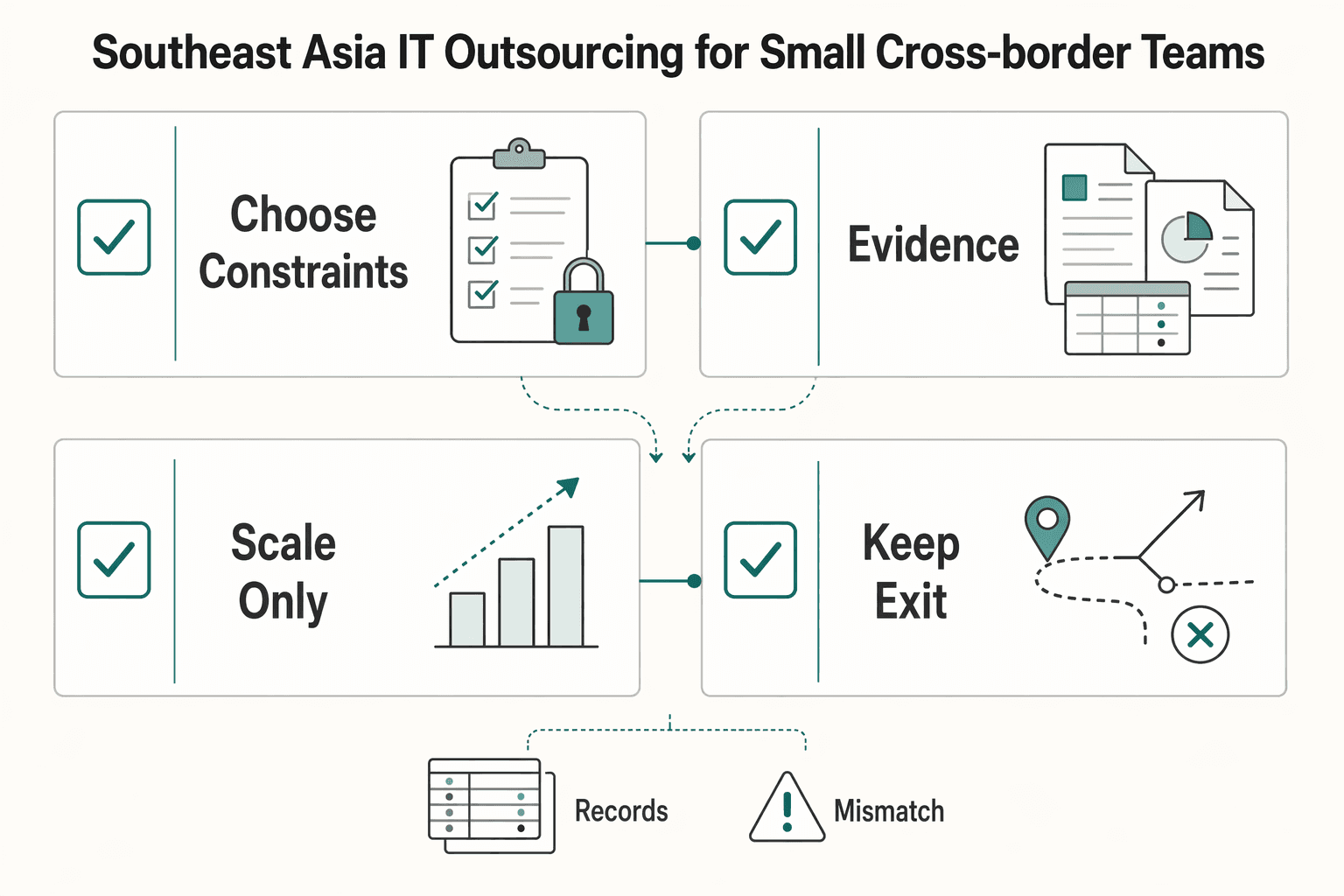 Diagram showing Southeast Asia IT outsourcing for small cross-border teams for How Small Teams Can Outsource IT Work in Southeast Asia Without Losing Control.