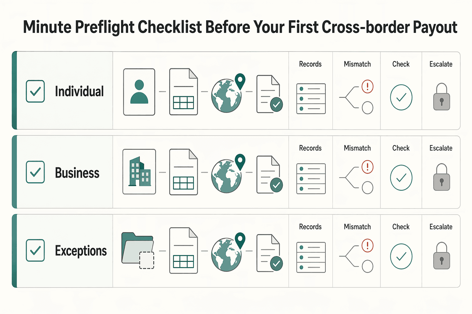 Diagram showing 15-Minute Preflight Checklist Before Your First Cross-Border Payout for KYC KYB CIP Explained for Cross-Border Freelancers and Small Teams.