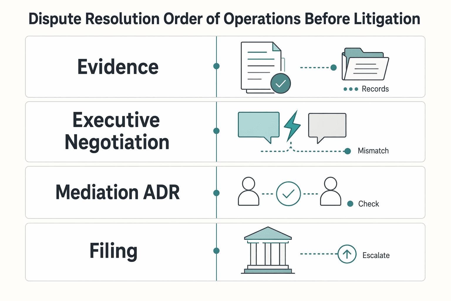 Diagram showing Dispute Resolution order of operations before litigation for How Delaware Court of Chancery Clauses Change Freelancer Contract Risk.