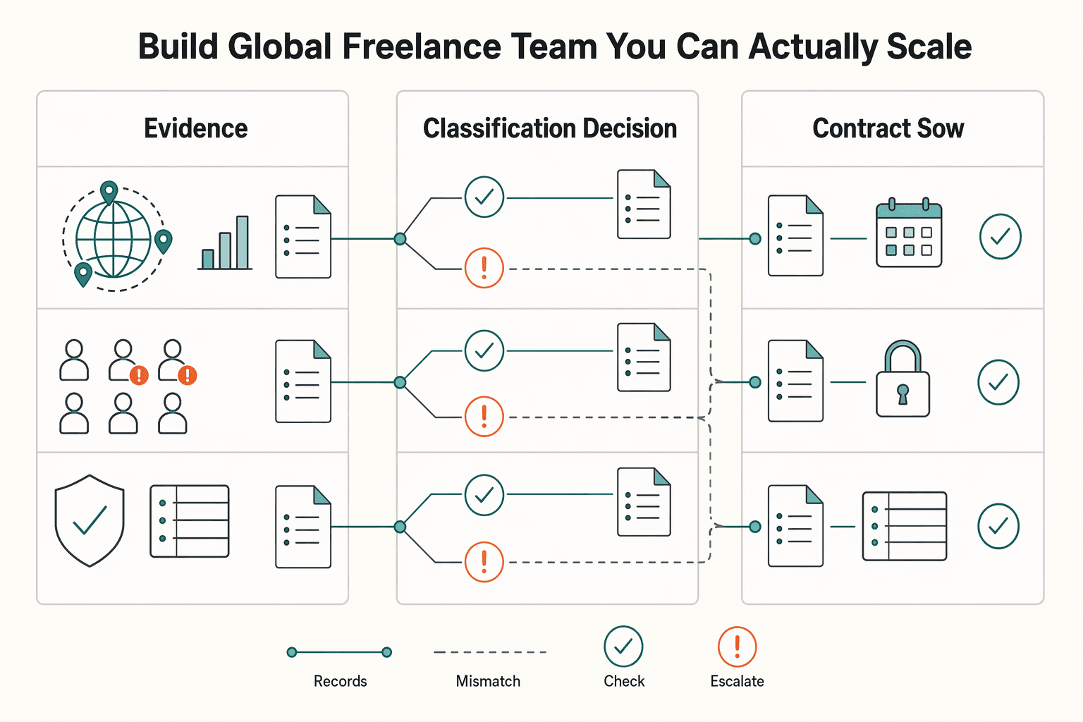 Diagram showing Build a global freelance team you can actually scale (without compliance panic or payment chaos) for How to Manage a Global Freelance Team Without Compliance Gaps.