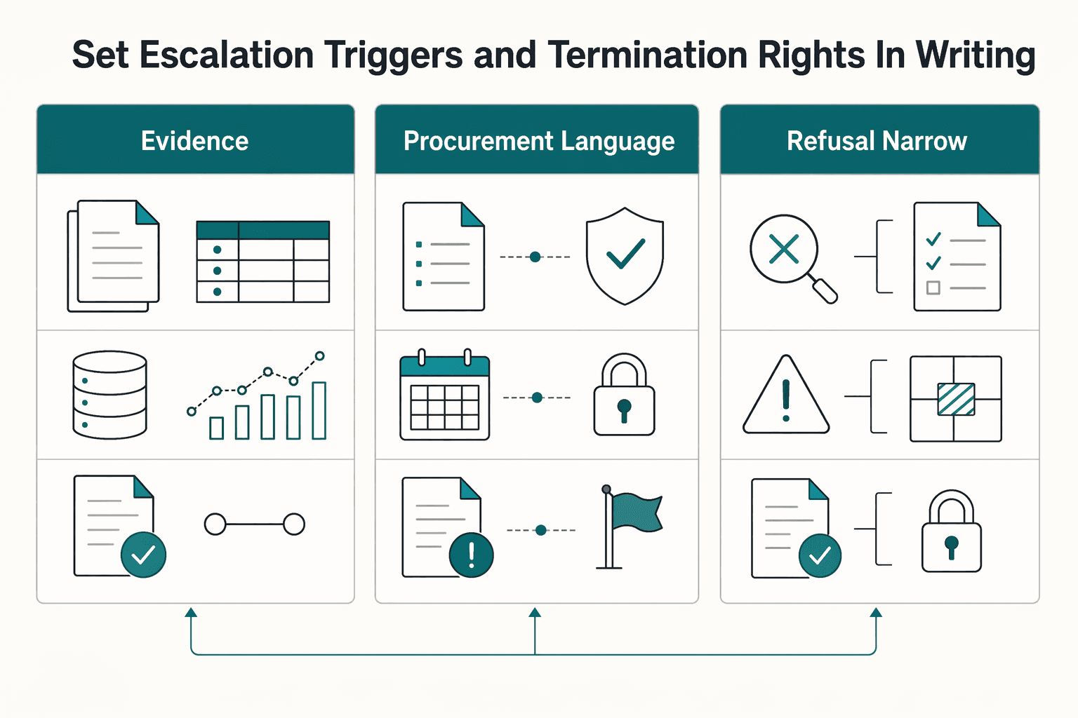 Diagram showing Set escalation triggers and Termination rights in writing for AI Content Copyright Issues in Client Work Contracts.