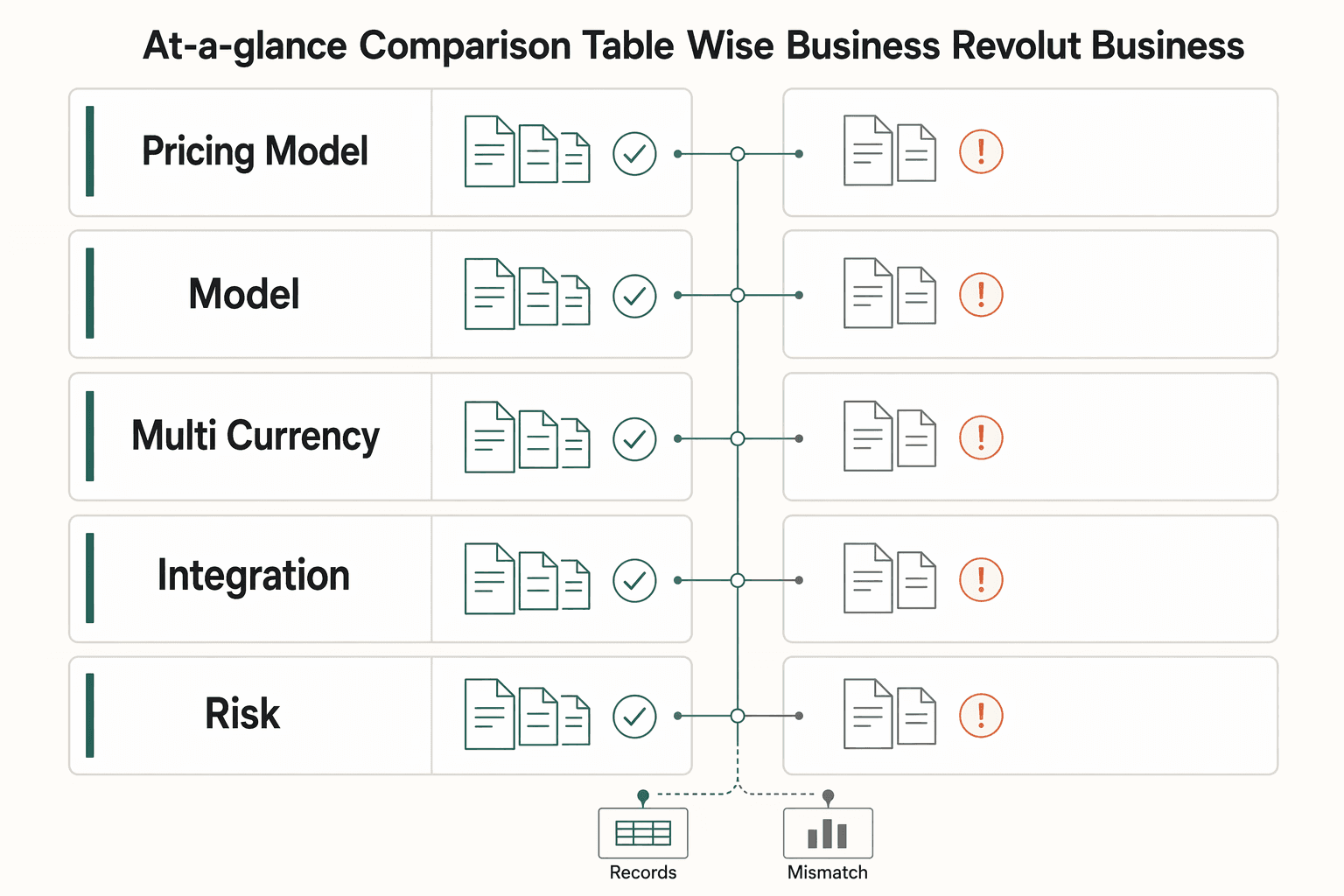 Diagram showing At-a-Glance Comparison Table for Wise Business and Revolut Business for Wise Business vs Revolut Business for Cashflow Reliability.