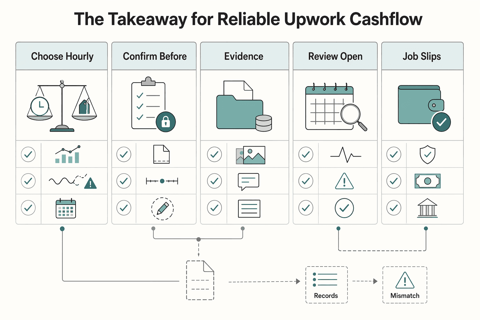 Diagram showing The takeaway for reliable Upwork cashflow for Getting Paid on Upwork Without Cashflow Surprises.