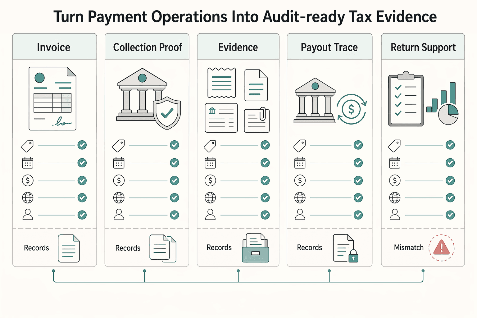 Diagram showing Turn payment operations into audit-ready tax evidence for US-India DTAA Independent Personal Services for Freelancers.