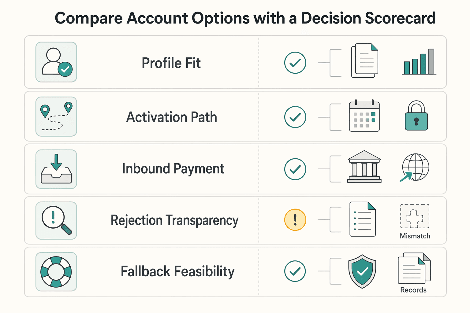 Diagram showing Compare Account Options With a Decision Scorecard for Opening a Bank Account in Germany as a Foreigner.
