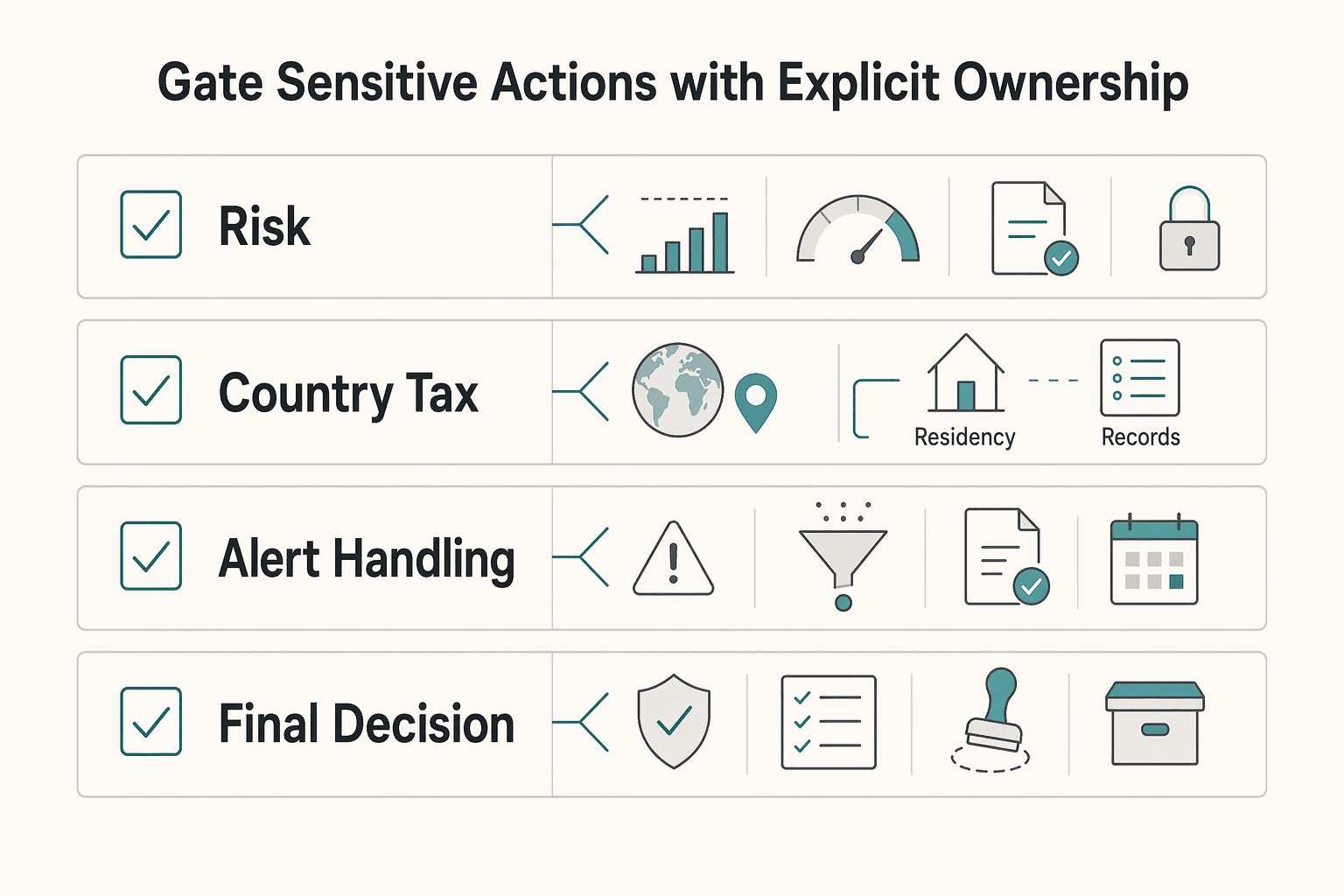 Diagram showing Gate sensitive actions with explicit ownership for Running a Durable Business-of-One in the Solopreneur Economy.
