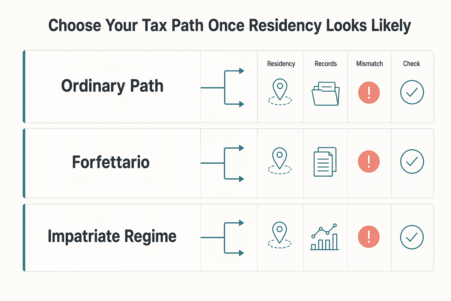 Diagram showing Choose Your Tax Path Once Residency Looks Likely for Tax Residency in Italy for Freelancers and Nomads.