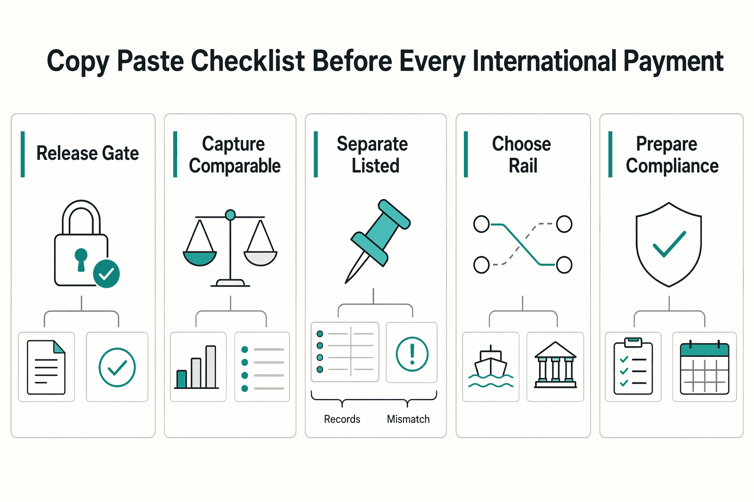 Diagram showing Copy and paste this checklist before every international payment for How to Calculate the All-In Cost of an International Payment.