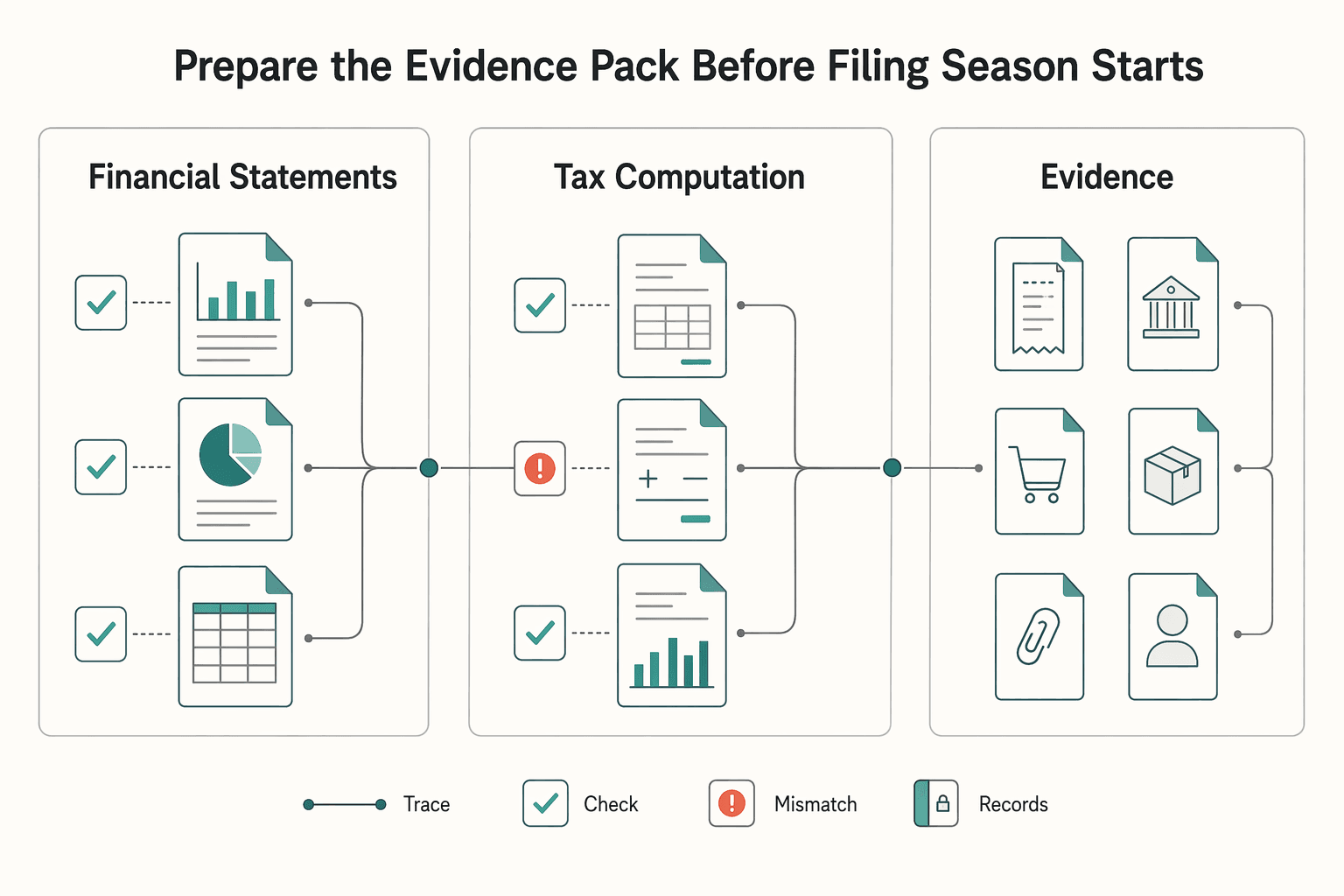 Diagram showing Prepare the evidence pack before filing season starts for Singapore Corporate Tax for Foreign Entrepreneurs Without Filing Surprises.
