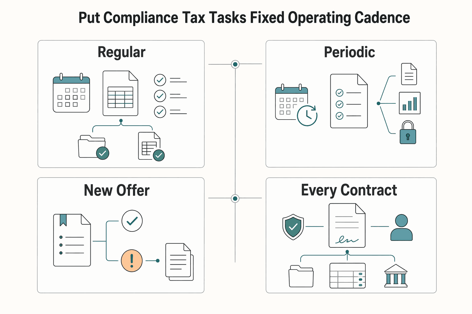 Diagram showing Put compliance and tax tasks on a fixed operating cadence for Building a Portfolio Career With Multiple Freelance Income Streams.