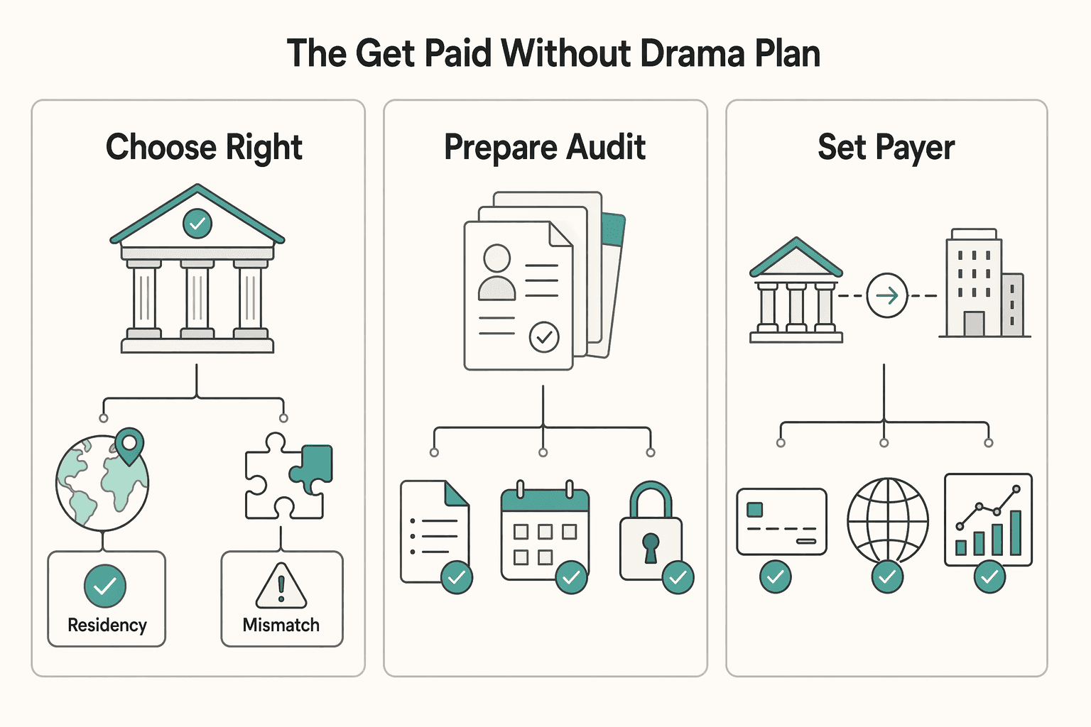 Diagram showing Opening a Bank Account in Cyprus as a Foreigner: the "Get Paid Without Drama" Plan for Opening a Bank Account in Cyprus as a Foreigner.