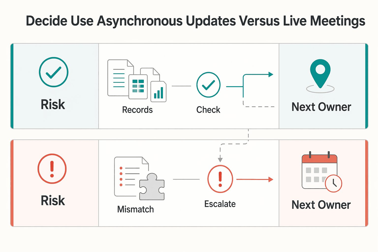 Diagram showing Decide when to use asynchronous updates versus live meetings for Remote Team Performance Management for IT Agencies.