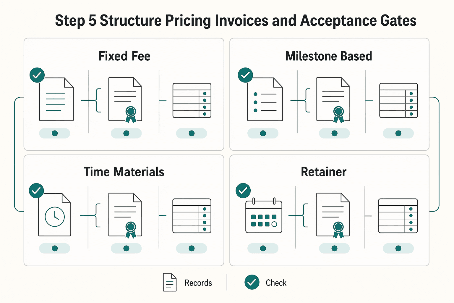Diagram showing Step 5 structure pricing, invoices, and acceptance gates for How to Structure a White Label Service Agreement for Cross-Border Delivery.