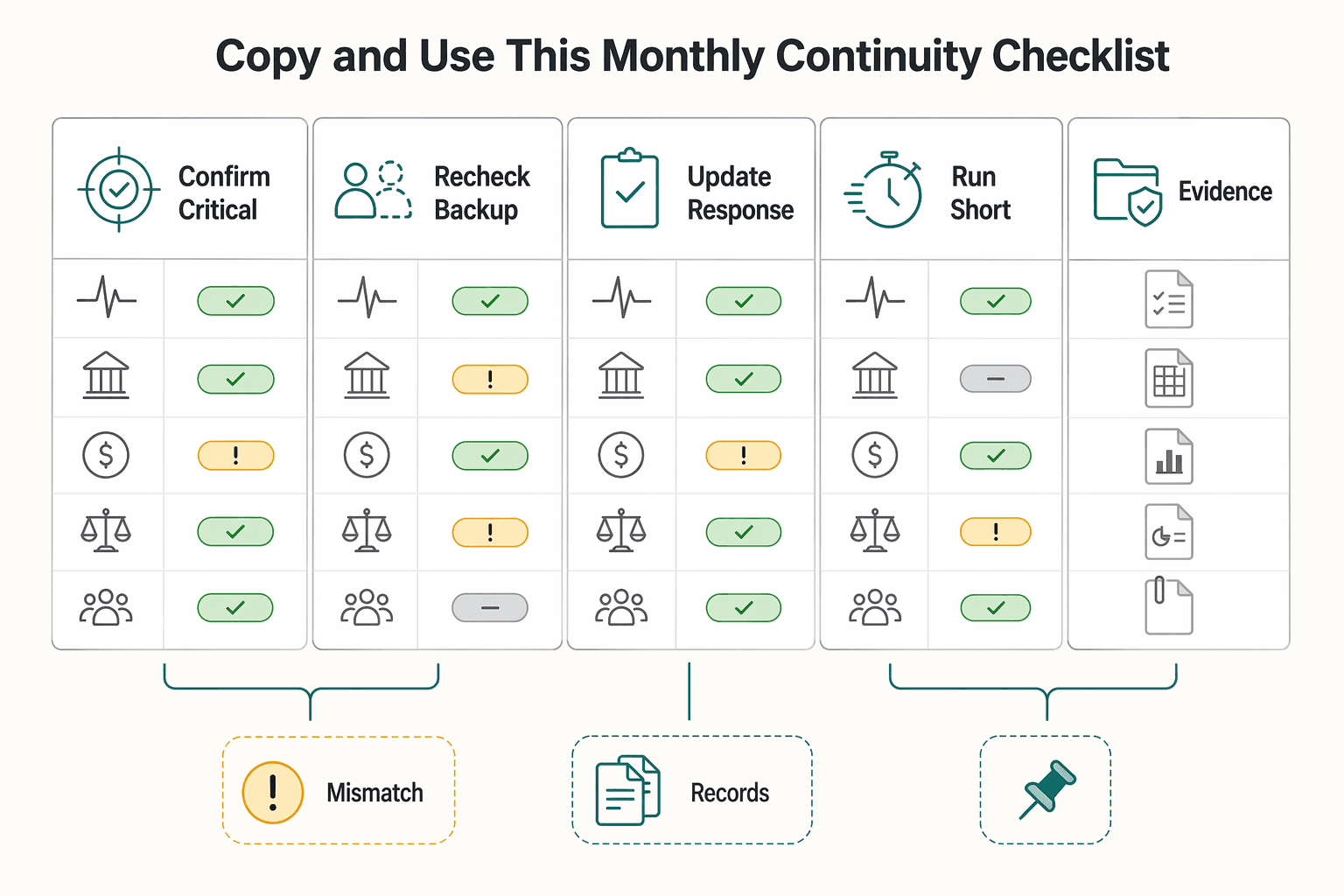 Diagram showing Copy and Use This Monthly Continuity Checklist for Build a One-Page Business Continuity Plan for a Natural Disaster.