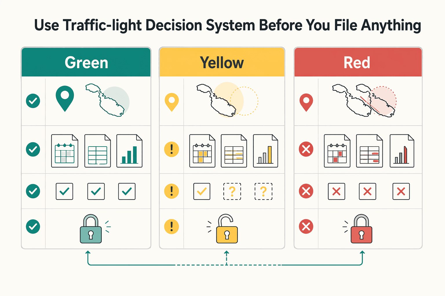Diagram showing Use a traffic-light decision system before you file anything for Malta Tax Residency Decisions for Digital Nomads.