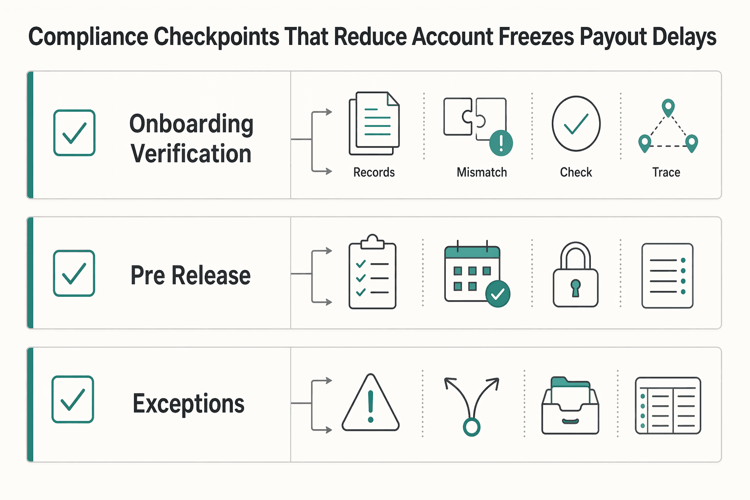 Diagram showing Compliance checkpoints that reduce account freezes and payout delays for Indian Gig Economy in 2026: Treat Platform Income as Variable Until Settlements Prove S....