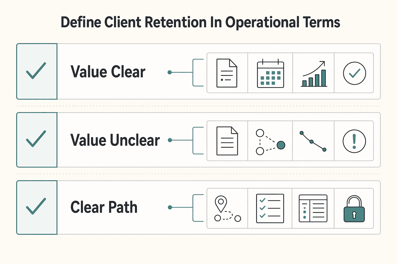 Diagram showing Define client retention in operational terms for Freelance Client Retention: Weekly Systems for Repeat Work and Long-Term Relationships.