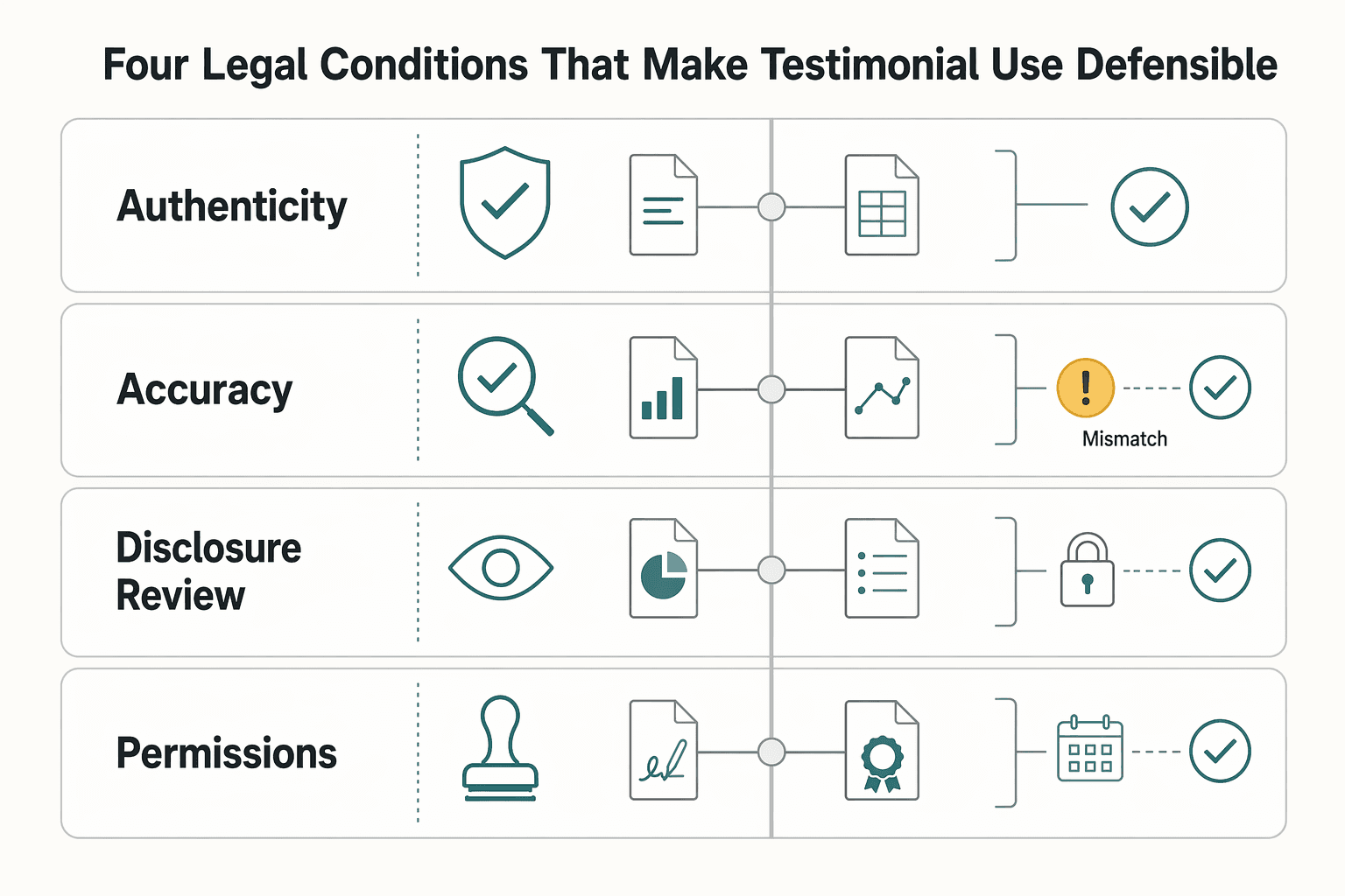 Diagram showing The Four Legal Conditions That Make Testimonial Use Defensible for Legal Use of Client Testimonials for Cross-Border Freelancers.