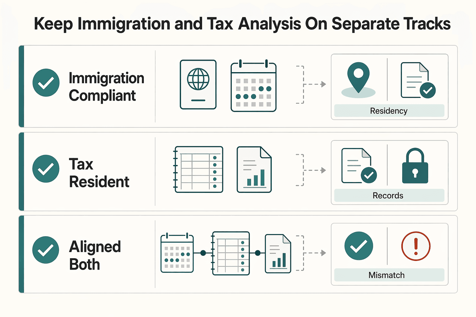Diagram showing Keep Immigration and Tax Analysis on Separate Tracks for Costa Rica Tax Residency for Pura Vida Nomads.
