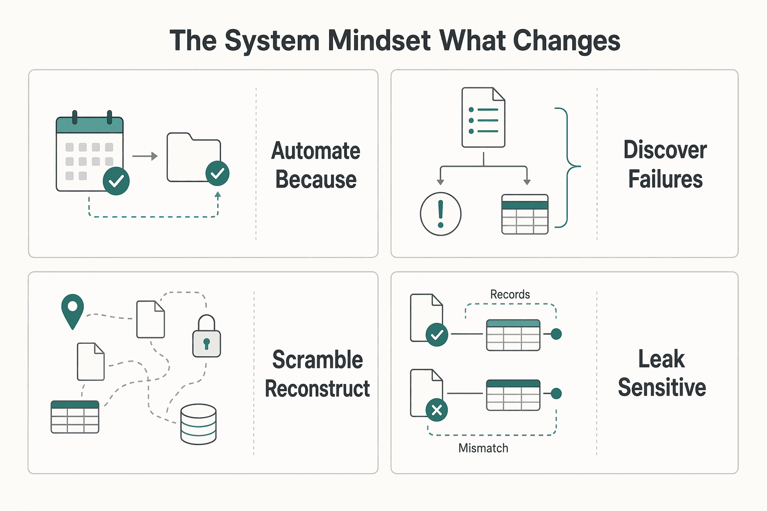 Diagram showing The "System" mindset (what changes) for A Freelancer's Guide to Business Process Automation (BPA).