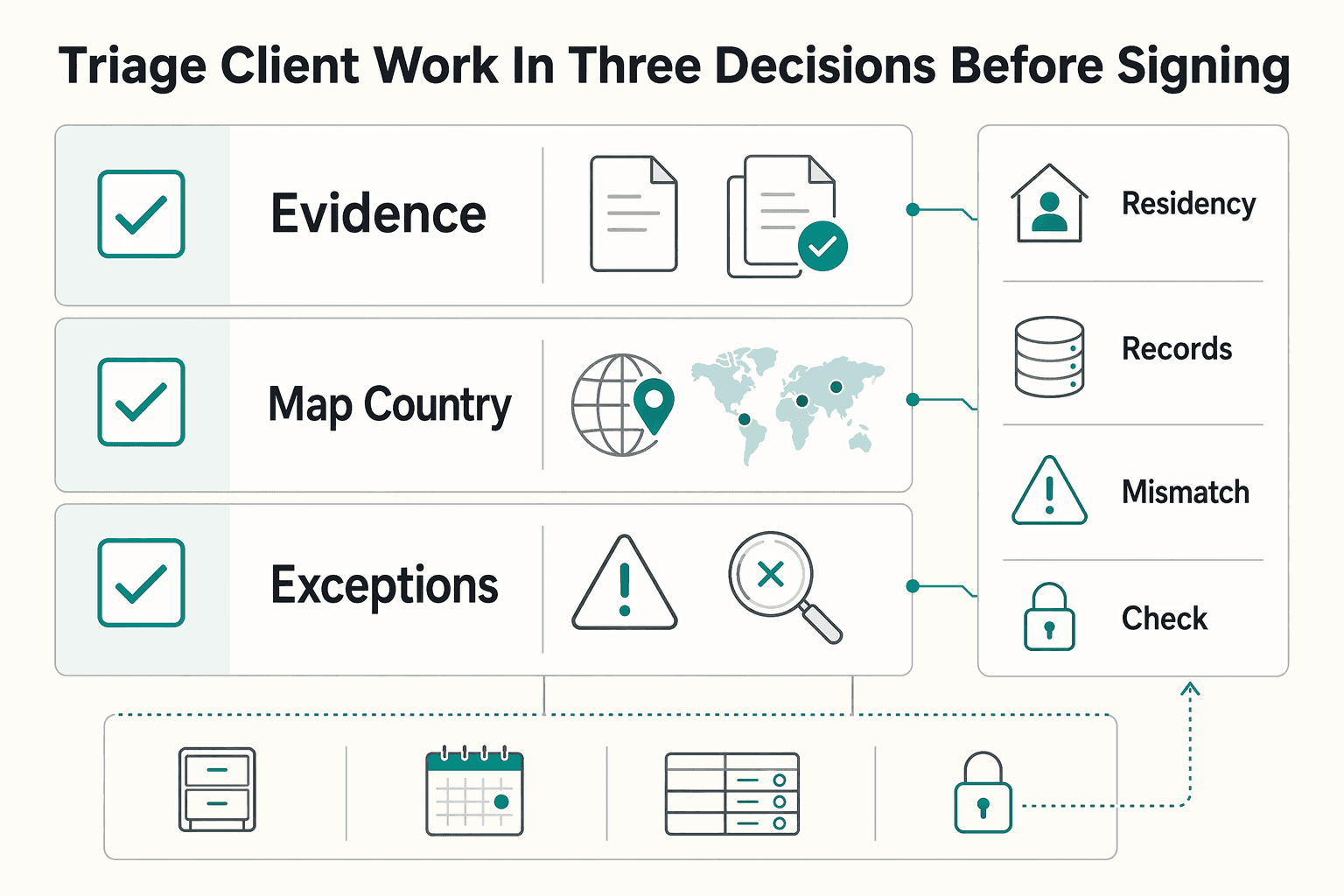 Diagram showing Triage client work in three decisions before signing for Data Localization Laws for Global Freelancers Before You Sign.