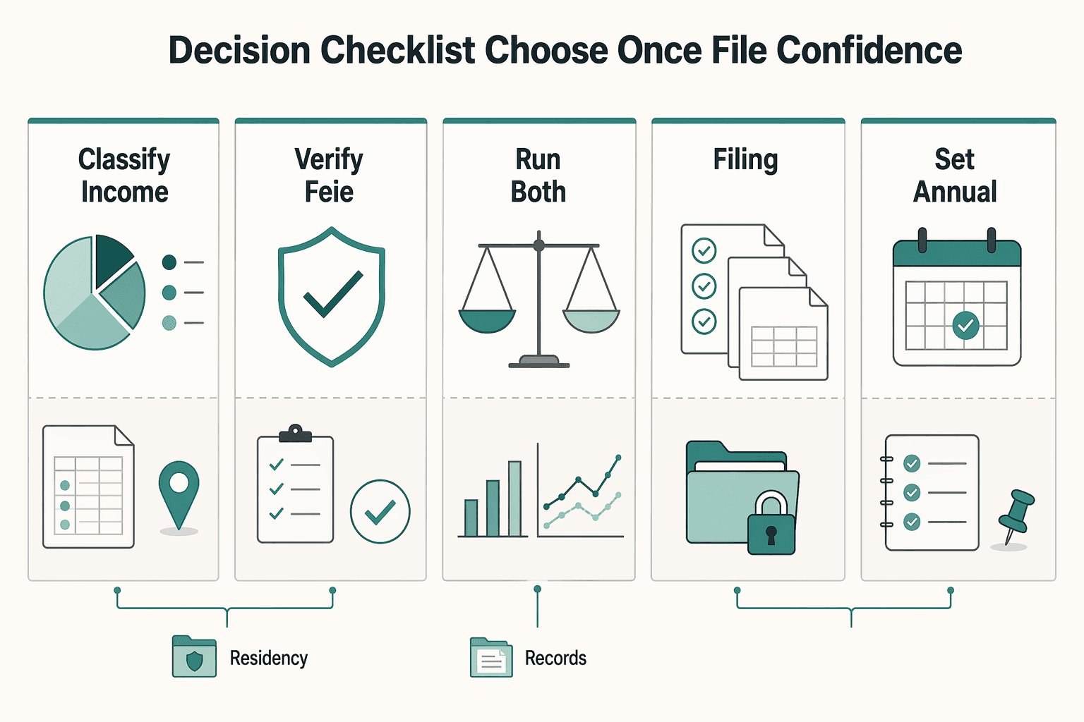 Diagram showing Decision checklist to choose once and file with confidence for FEIE vs Foreign Tax Credit for High-Earning US Expats.