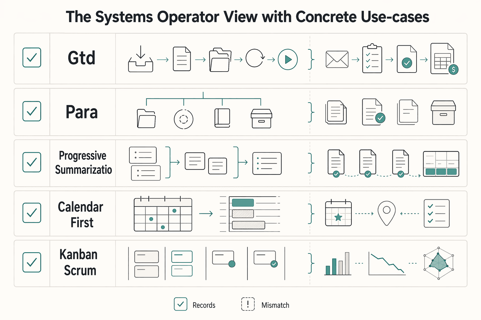 Diagram showing The systems (operator view with concrete use-cases) for The Best Productivity Systems for Freelancers: GTD, PARA, and Second Brain.