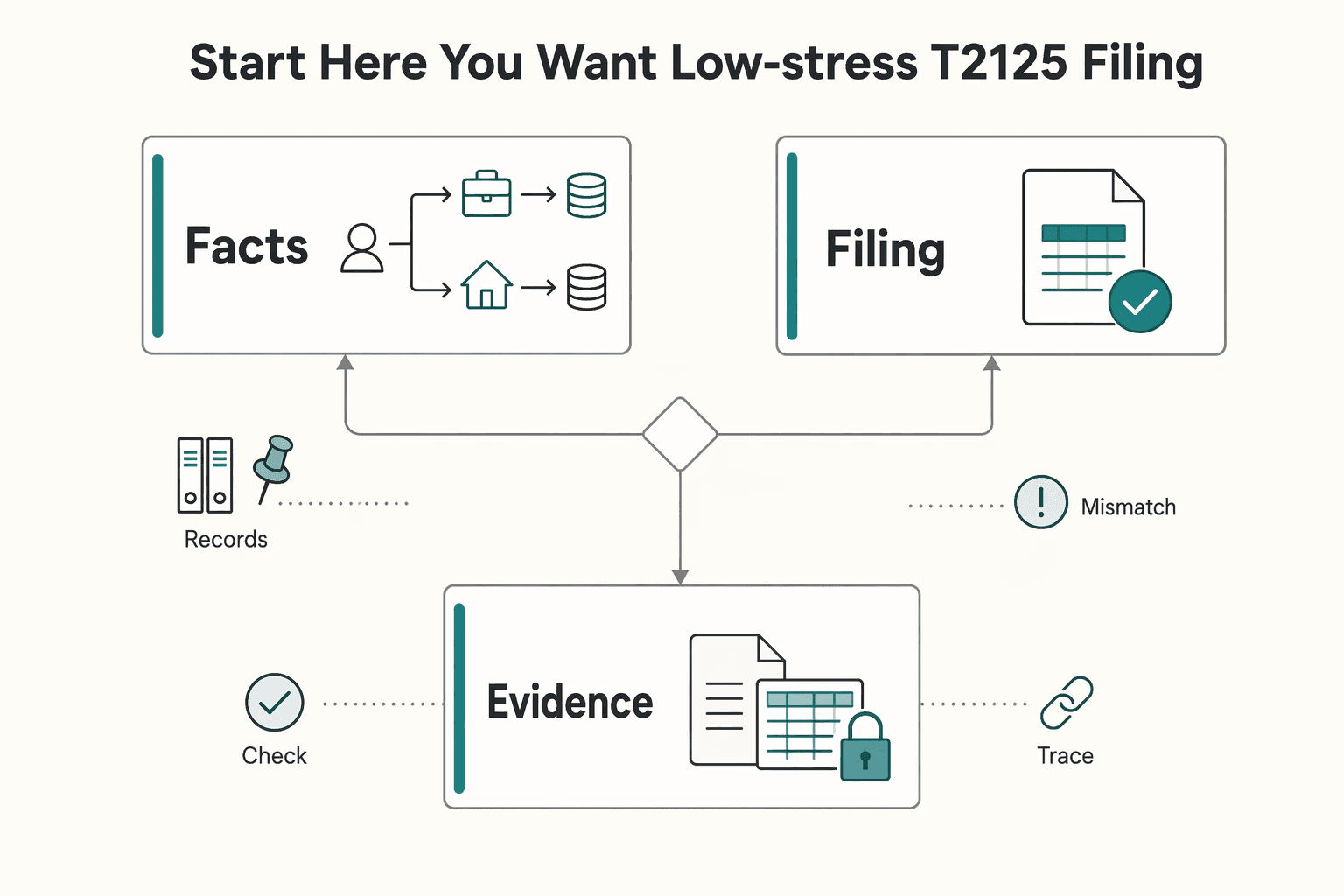 Diagram showing Start Here if You Want a Low-Stress T2125 Filing for Form T2125 for Canadian Freelancers: How to File With Clear Records.
