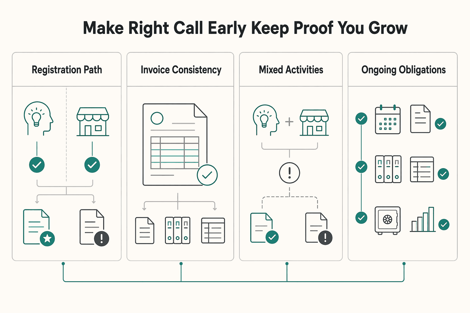 Diagram showing Make the Right Call Early and Keep Proof as You Grow for Freiberufler vs Gewerbetreibender for German Freelancers.