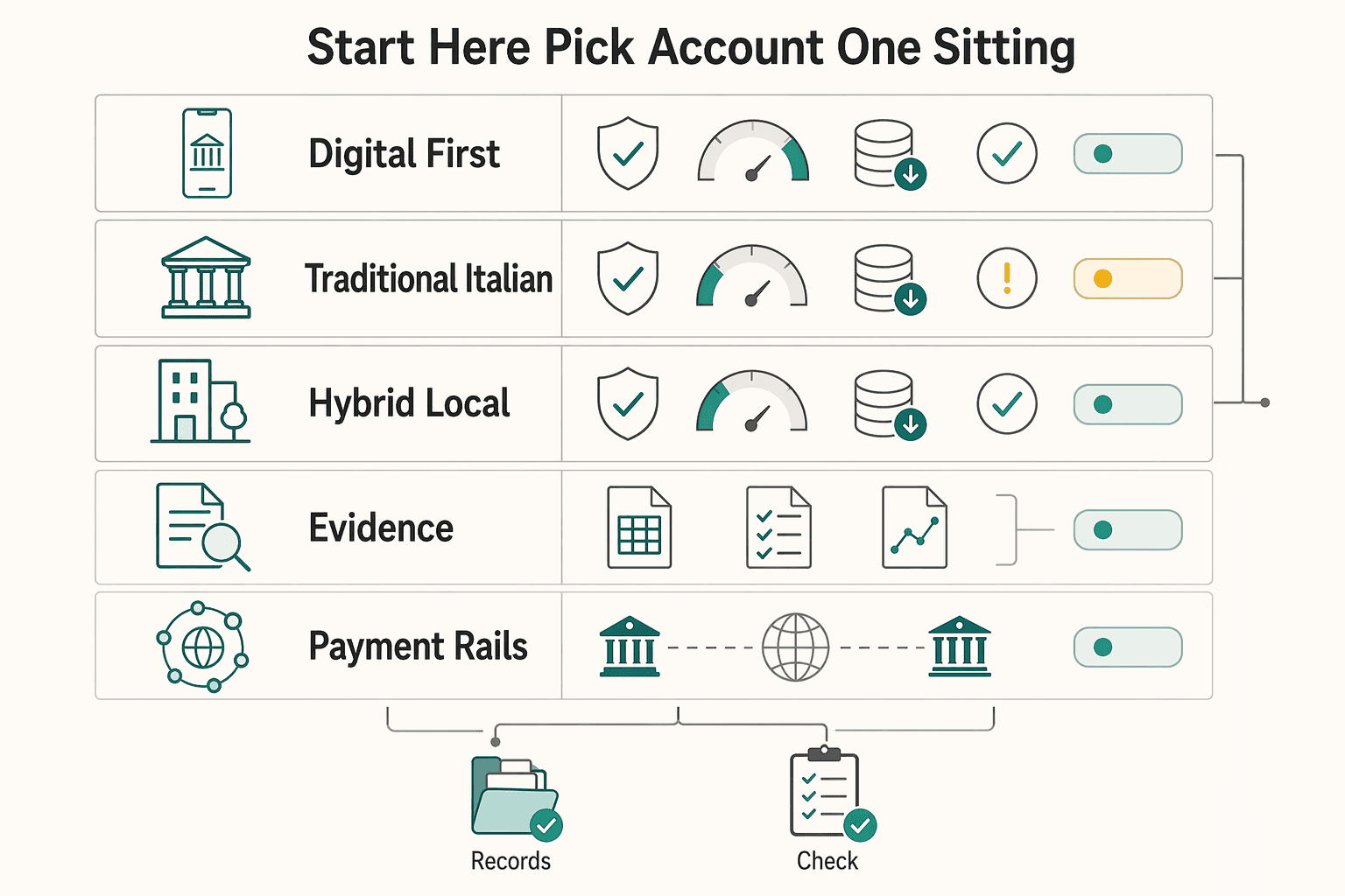Diagram showing Start Here and Pick an Account in One Sitting for The Best Bank Accounts for Freelancers in Italy.